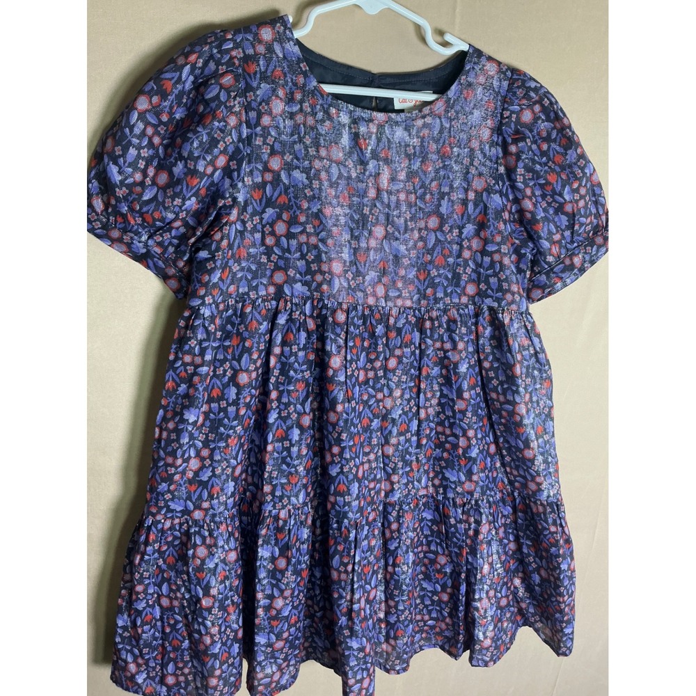 Cat & Jack Girls Purple Floral Metallic Tiered Dress Puff Sleeve Size M 7/8